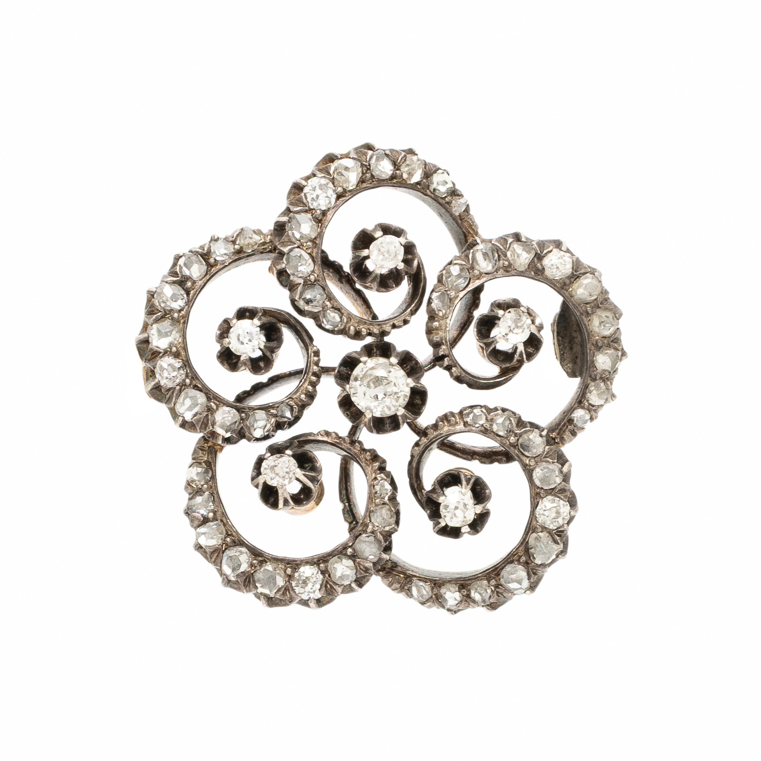 Antique, Diamond and Silver-Topped Gold Flower Brooch