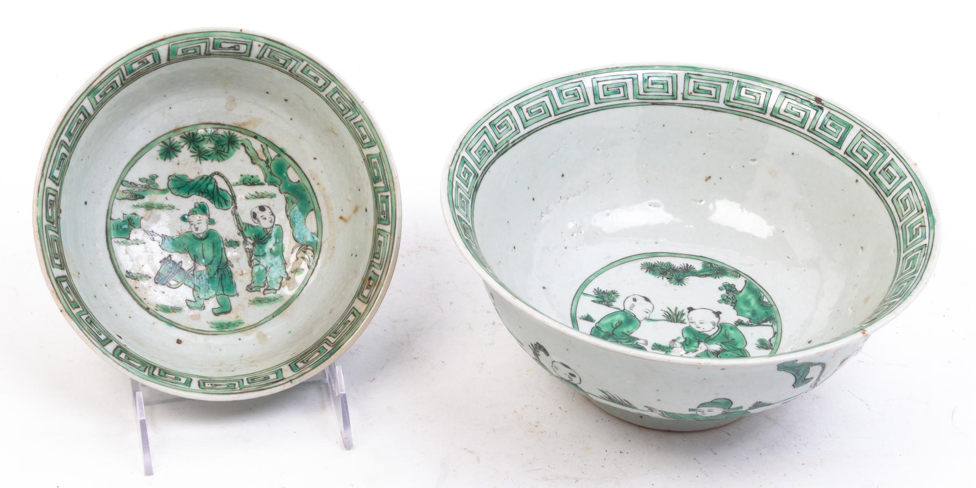 Two Famille Verte Porcelain Bowls Diameter of larger 9 1/8 inches.