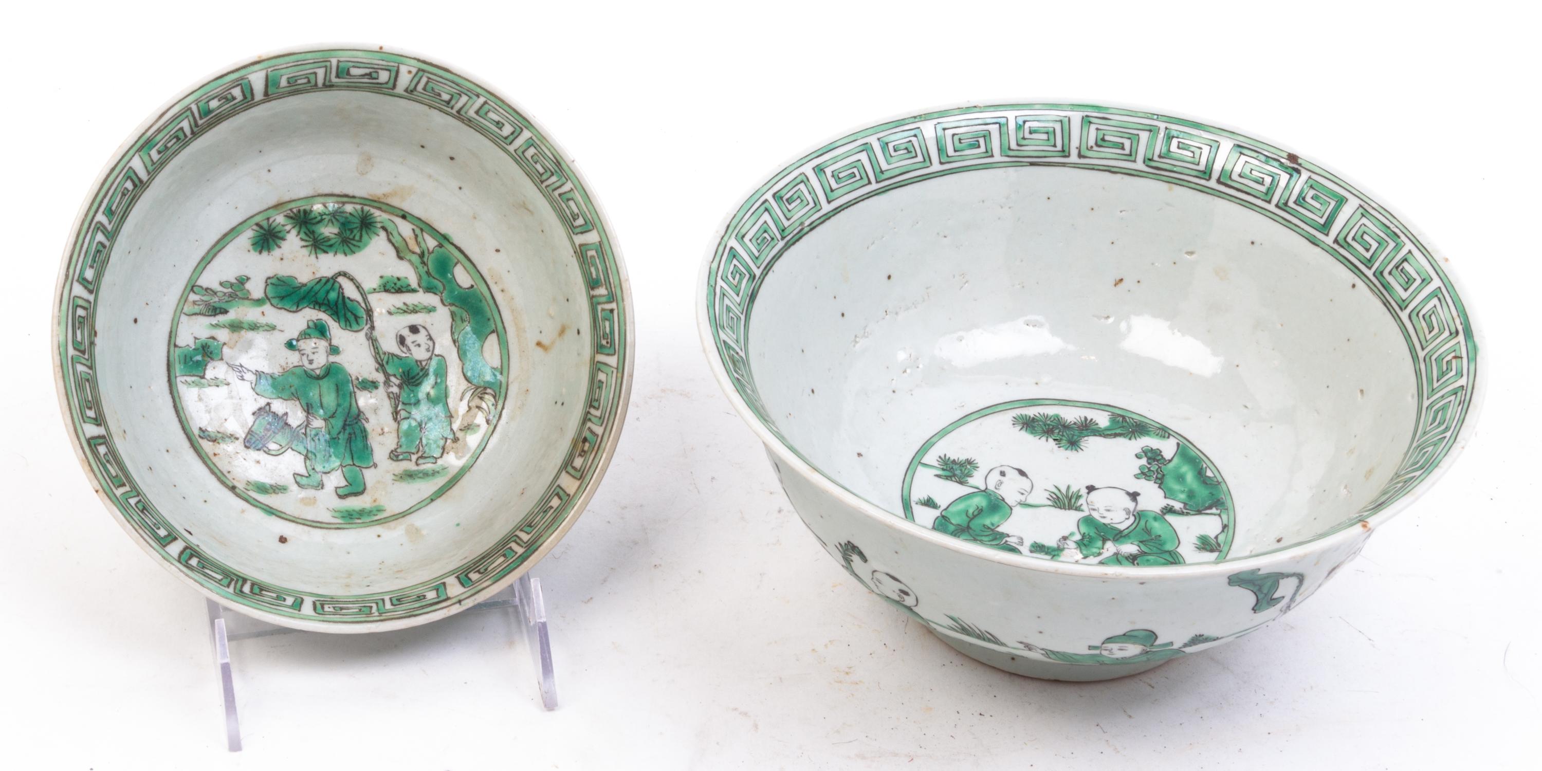 Two Famille Verte Porcelain Bowls Diameter of larger 9 1/8 inches.