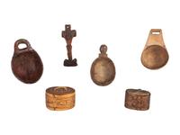 Collection of Canoe Cups, Birchbark Snuff Boxes, and Crucifix