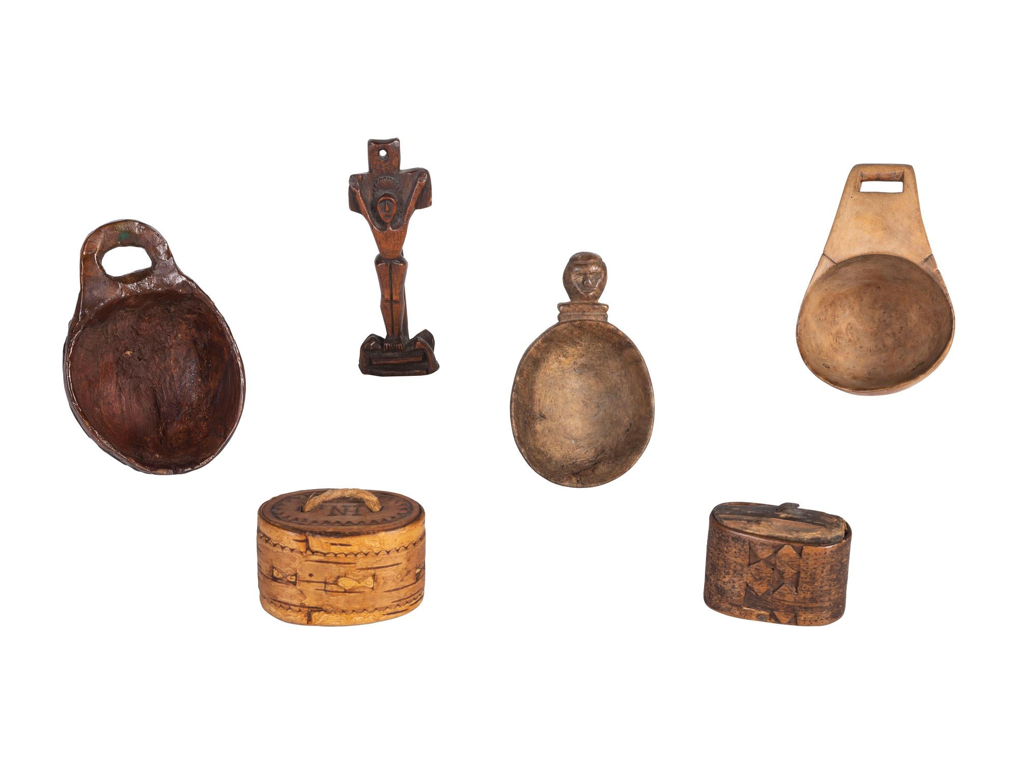 Collection of Canoe Cups, Birchbark Snuff Boxes, and Crucifix