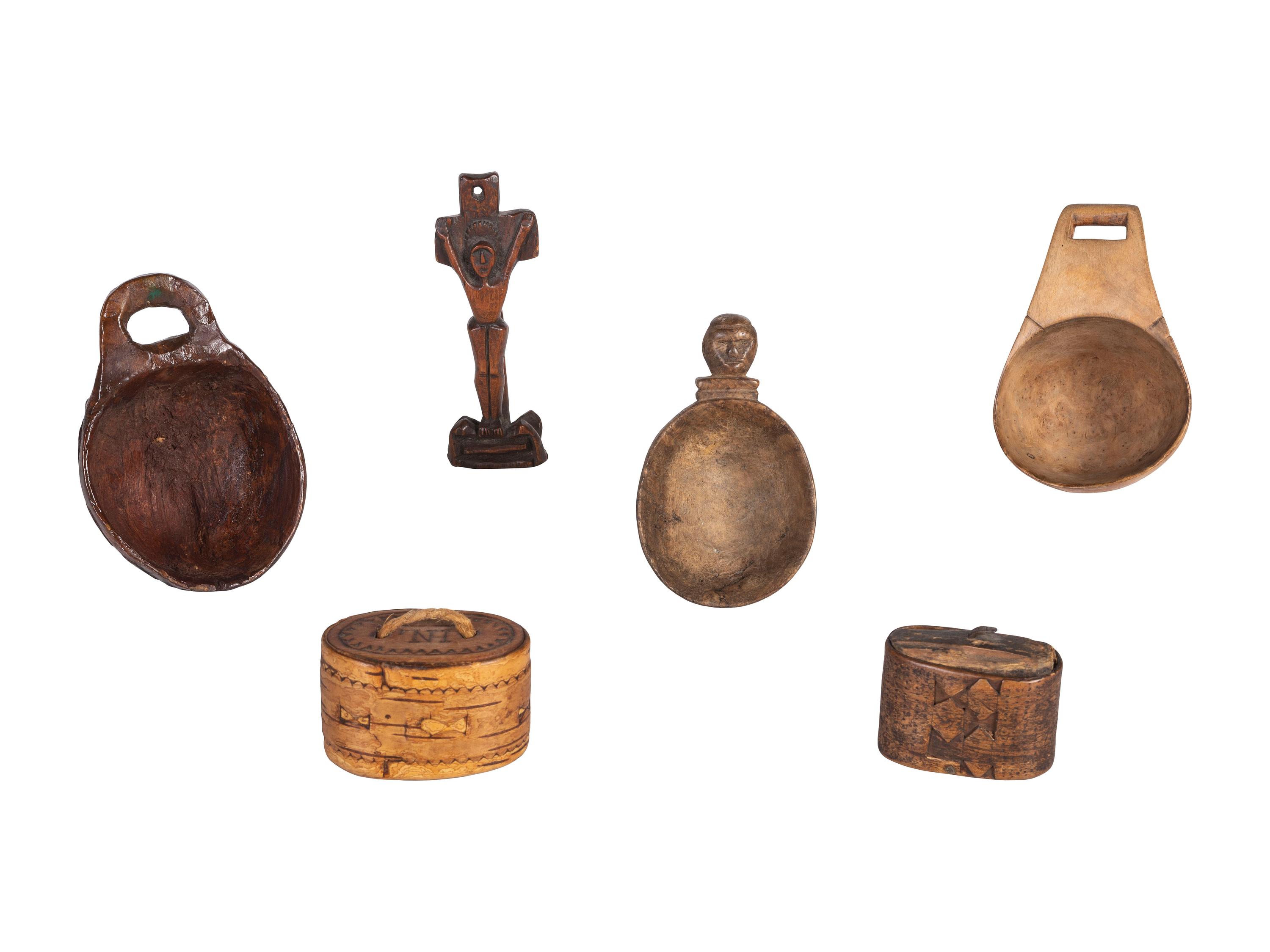 Collection of Canoe Cups, Birchbark Snuff Boxes, and Crucifix
