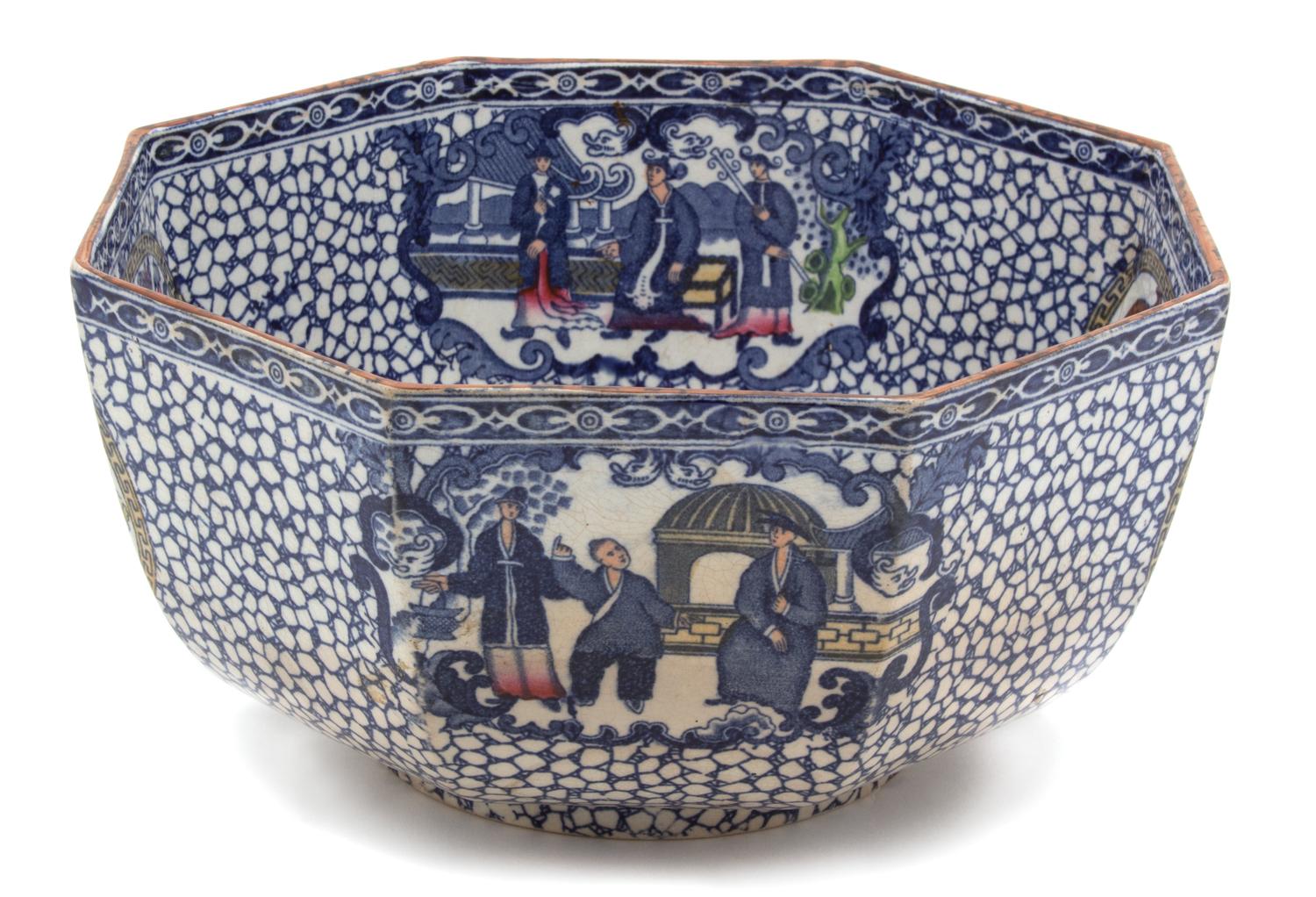 An English Adams Glazed Hexagonal Bowl Height 4 3/4 x diameter 9 1/4 inches. — 19TH CENTURY
