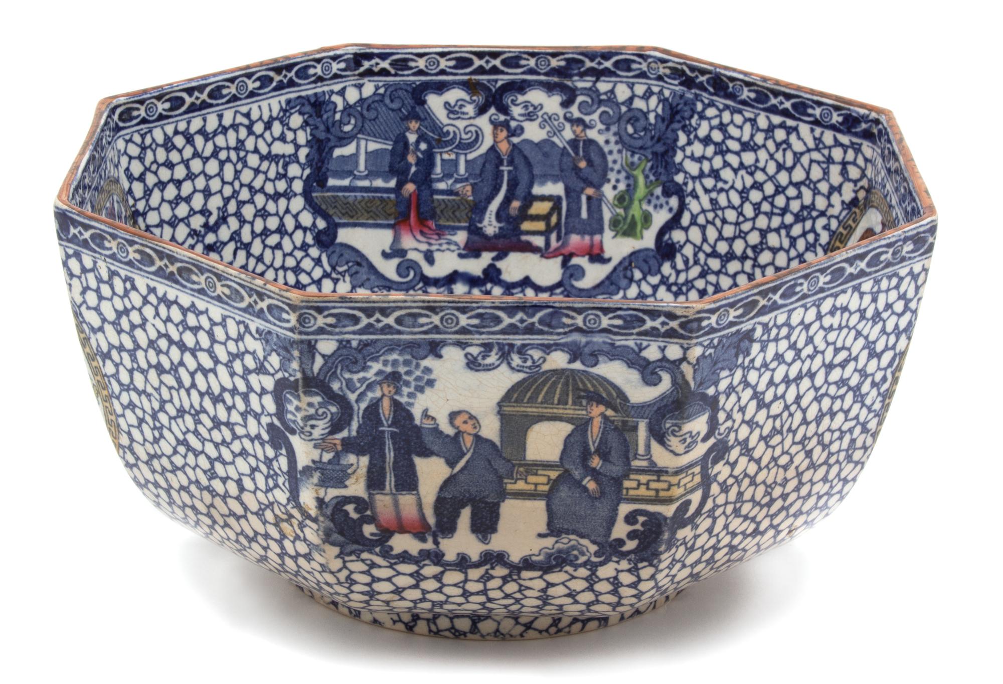 An English Adams Glazed Hexagonal Bowl Height 4 3/4 x diameter 9 1/4 inches. — 19TH CENTURY