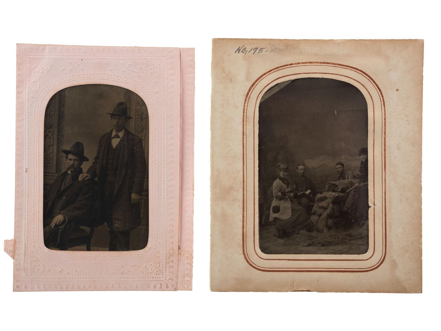 [WESTERN AMERICANA]. A group of 2 tintypes, featuring gambling women and identified cowboy.
