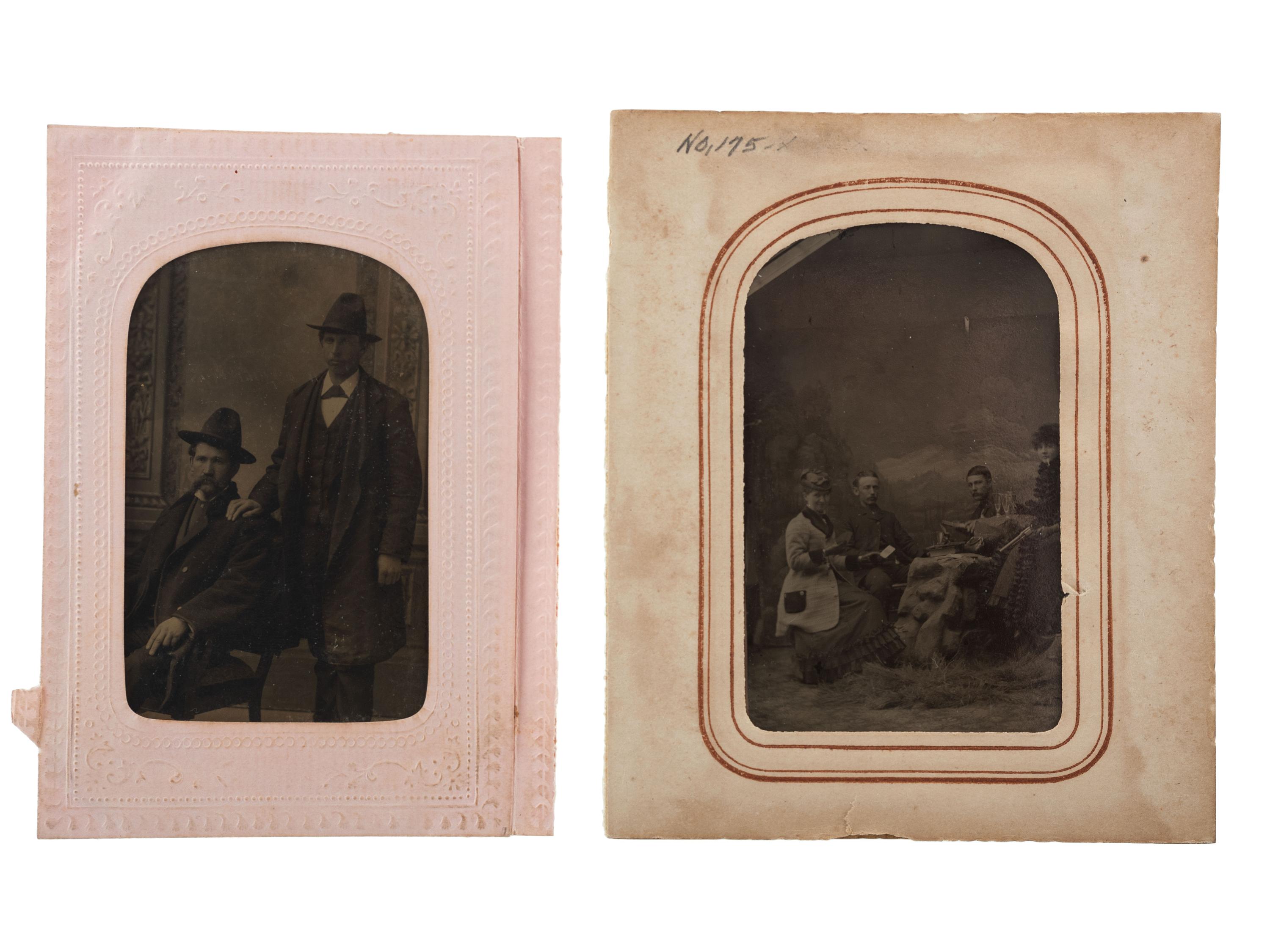 [WESTERN AMERICANA]. A group of 2 tintypes, featuring gambling women and identified cowboy.
