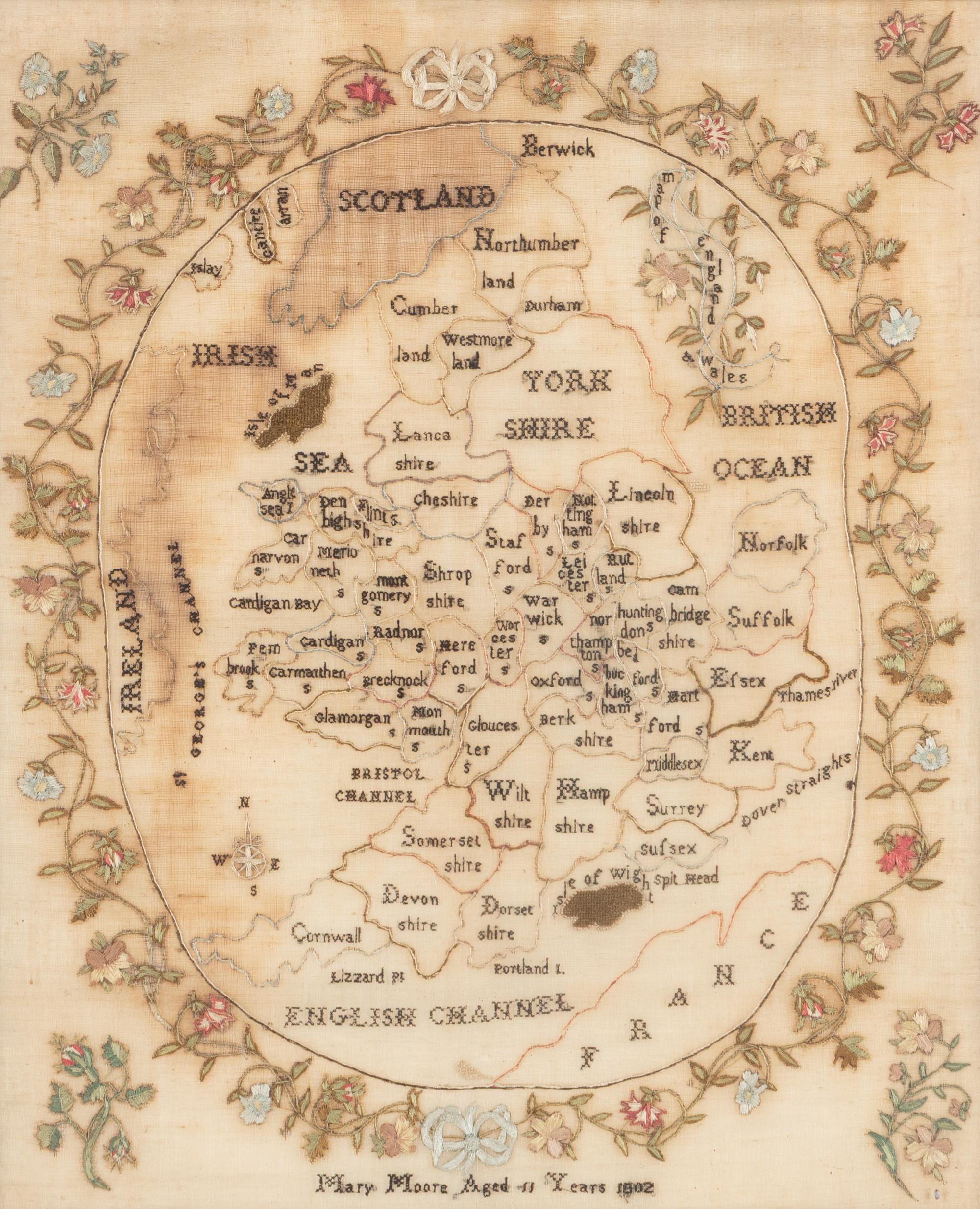 An English Needlepoint Embroidered County Map of England and Wales