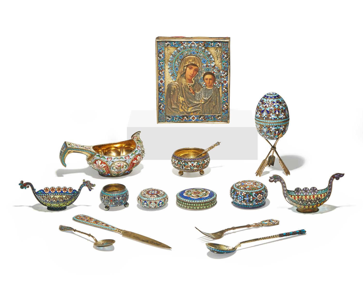 A collection of fifteen Russian, German, and Norwegian shaded enamel and plique-à-jour and silver / silver gilt items, various makers, late 19th / early 20th century