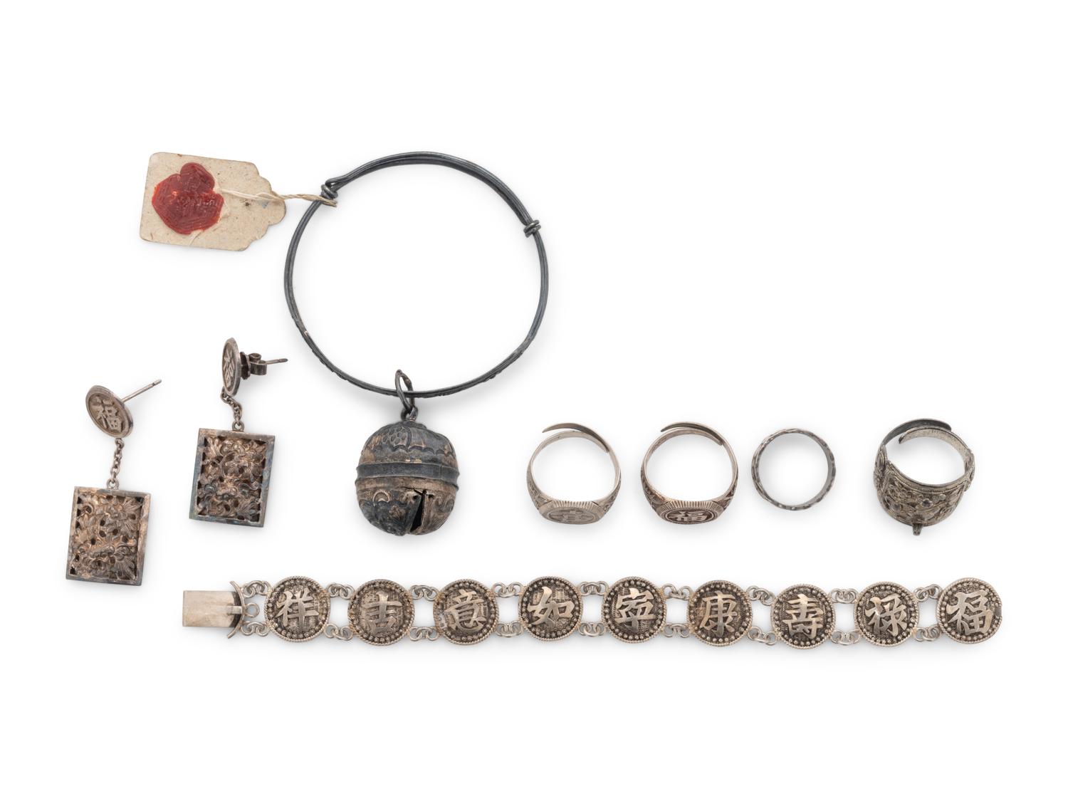 Seven Chinese Silver Jewelry and One Silvered Metal Ring