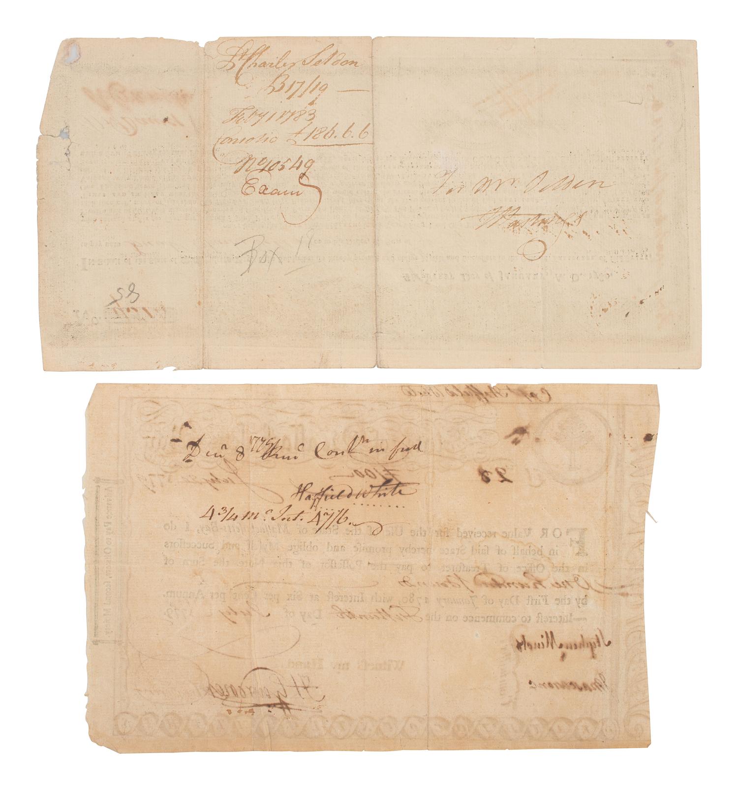 [REVOLUTIONARY WAR]. Group of 2 State of Massachusetts Bay items, comprising a 1780 Continental Army Commodity Bond and a 1779 "Pine Tree" emblem Treasury Loan Certificate.