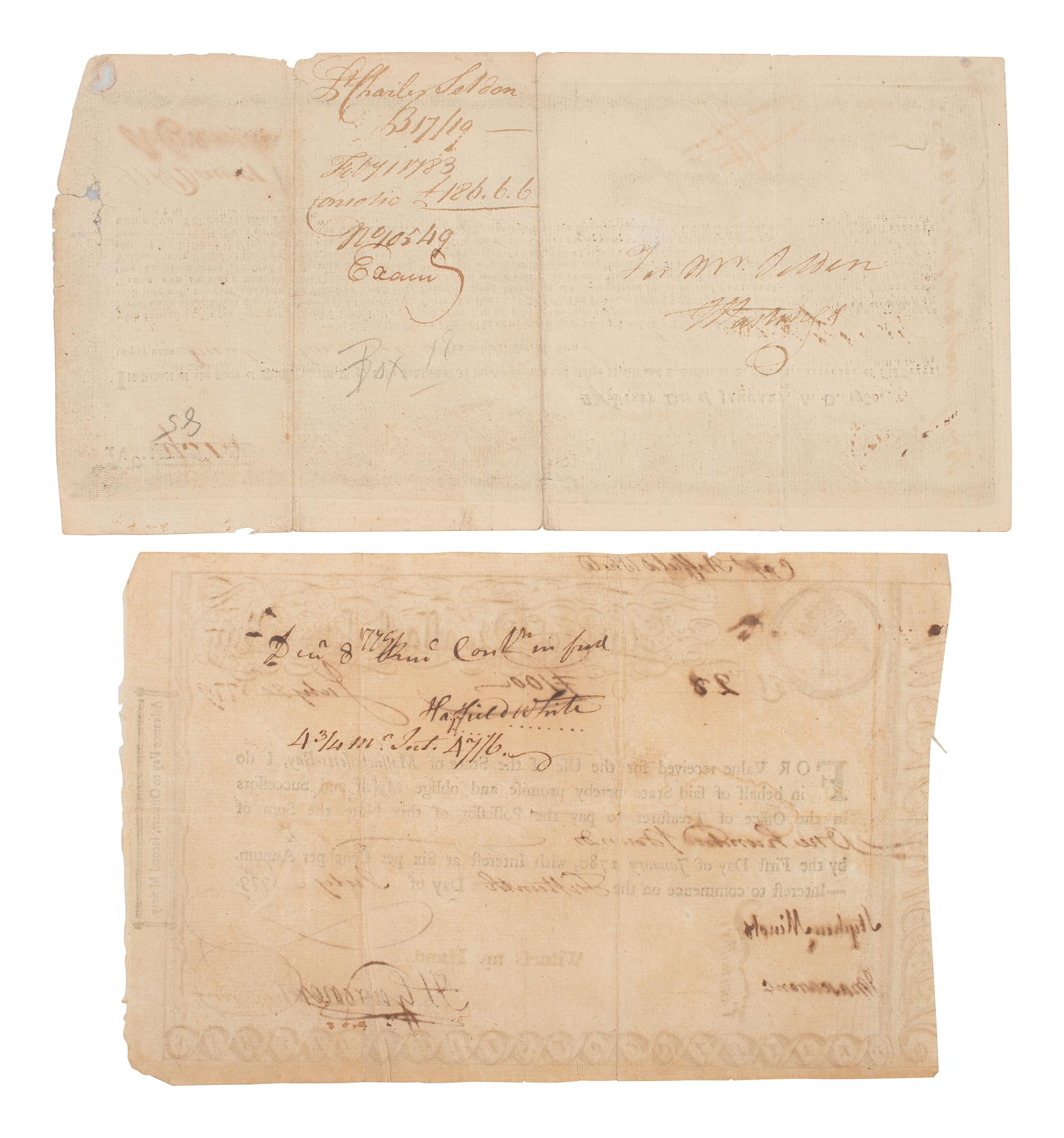 [REVOLUTIONARY WAR]. Group of 2 State of Massachusetts Bay items, comprising a 1780 Continental Army Commodity Bond and a 1779 "Pine Tree" emblem Treasury Loan Certificate.