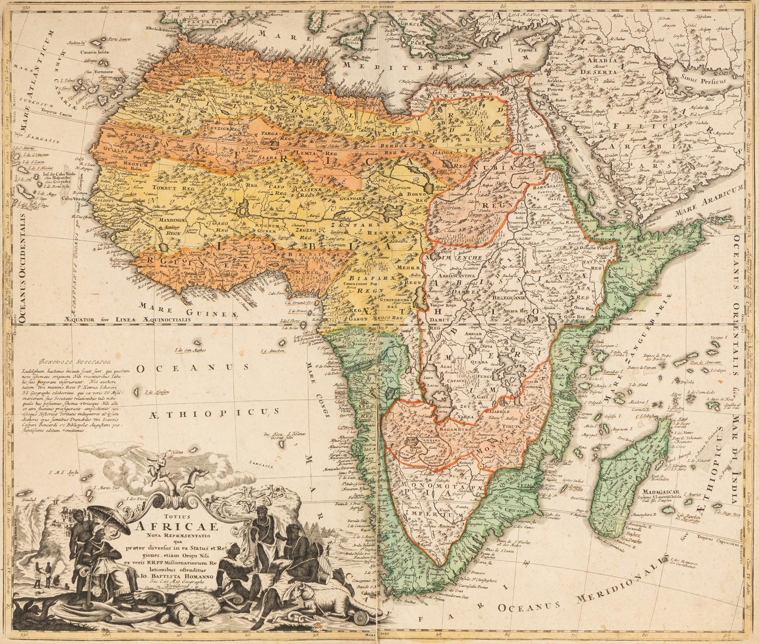 [MAPS]. HOMANN, Johann Baptist (1663-1724). Four engraved continent maps with hand-coloring, each matted and framed, comprising: