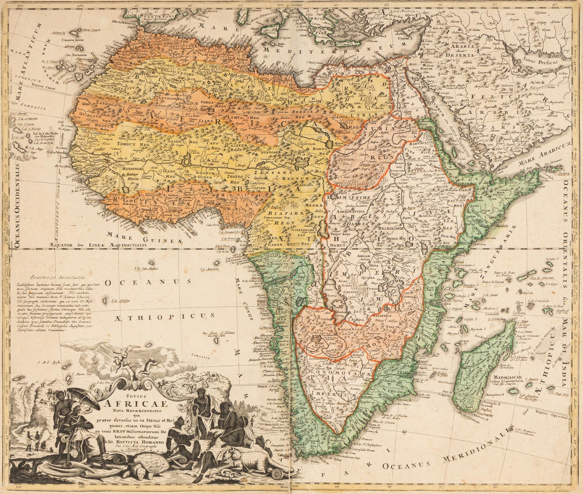 [MAPS]. HOMANN, Johann Baptist (1663-1724). Four engraved continent maps with hand-coloring, each matted and framed, comprising: