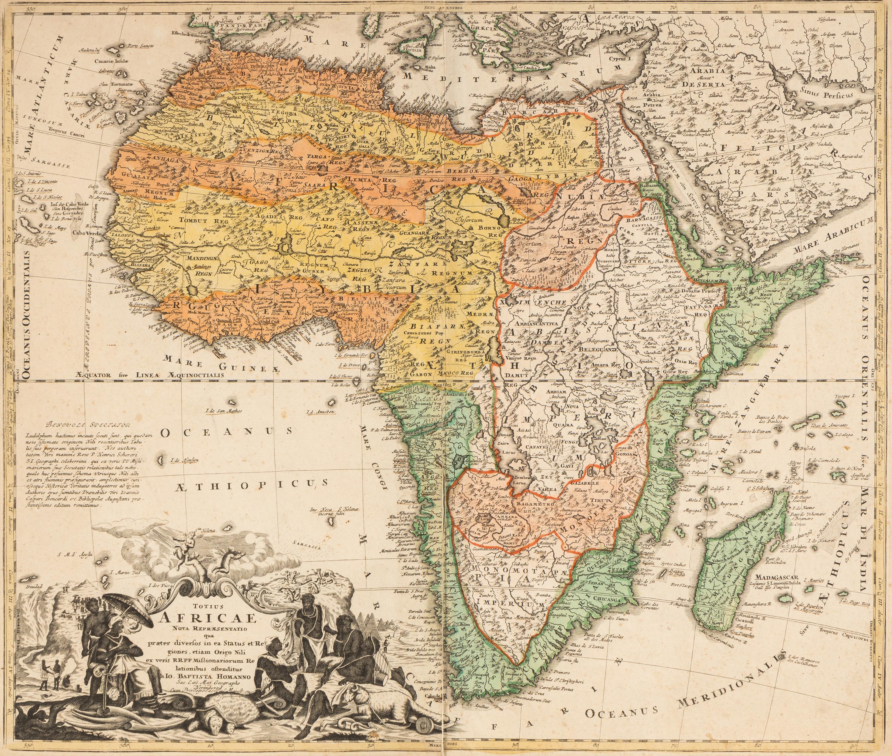 [MAPS]. HOMANN, Johann Baptist (1663-1724). Four engraved continent maps with hand-coloring, each matted and framed, comprising: