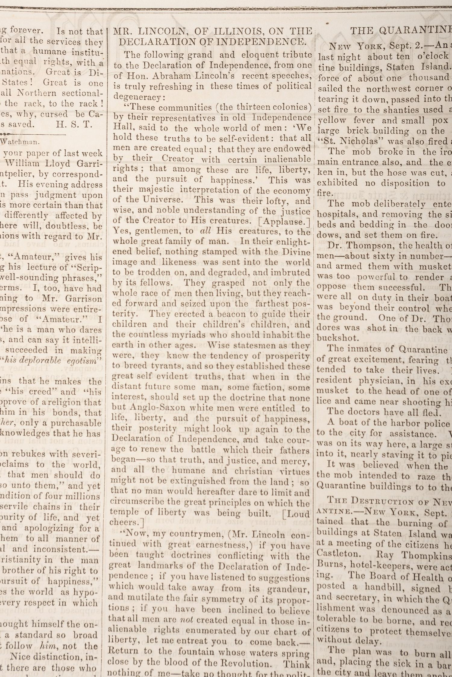 [LINCOLN, Abraham (1809-1865)]. Vermont Watchman & State Journal. Vol. 52, No. 42. Montpelier, VT: E.P. Walton, 10 September 1858.