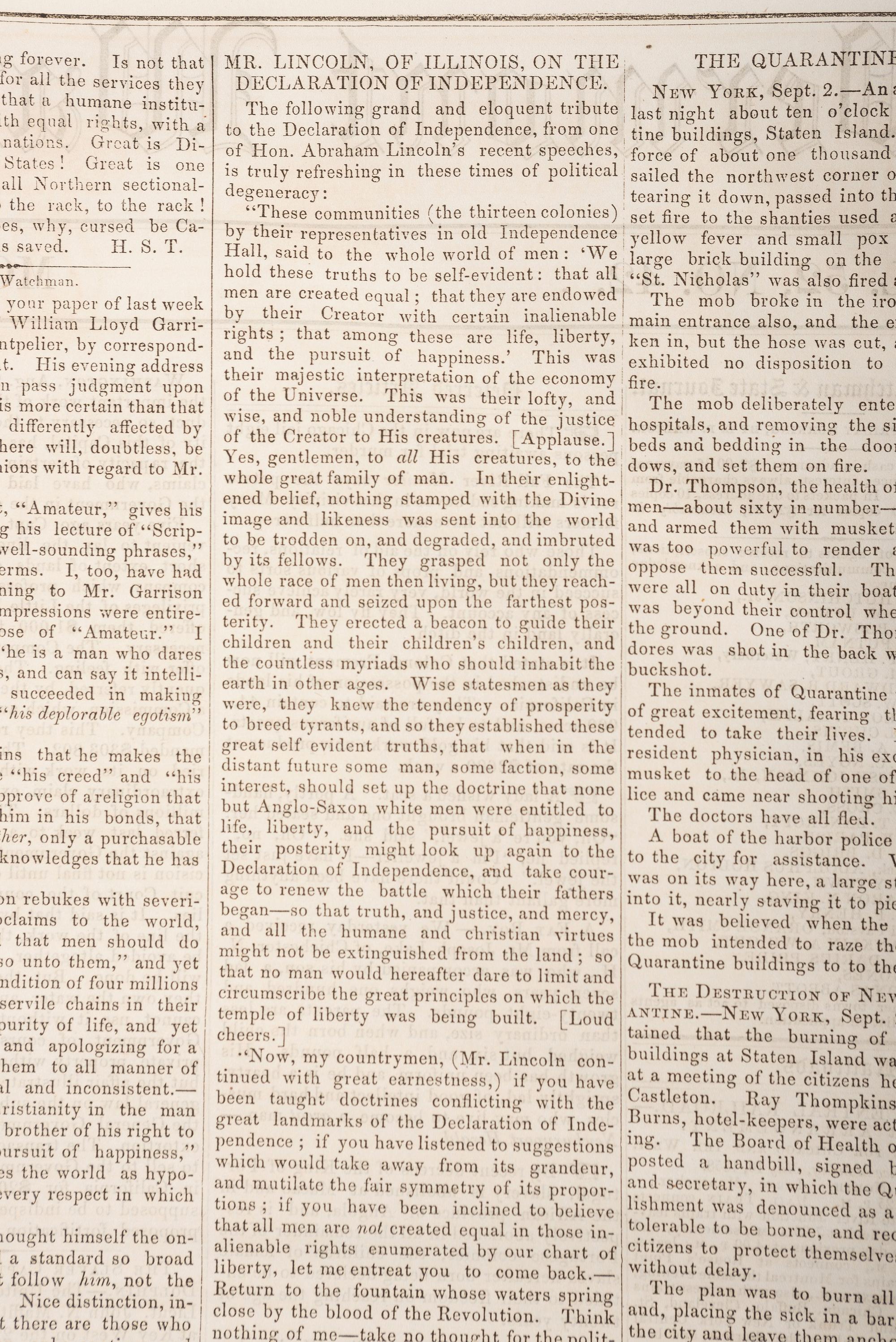 [LINCOLN, Abraham (1809-1865)]. Vermont Watchman & State Journal. Vol. 52, No. 42. Montpelier, VT: E.P. Walton, 10 September 1858.