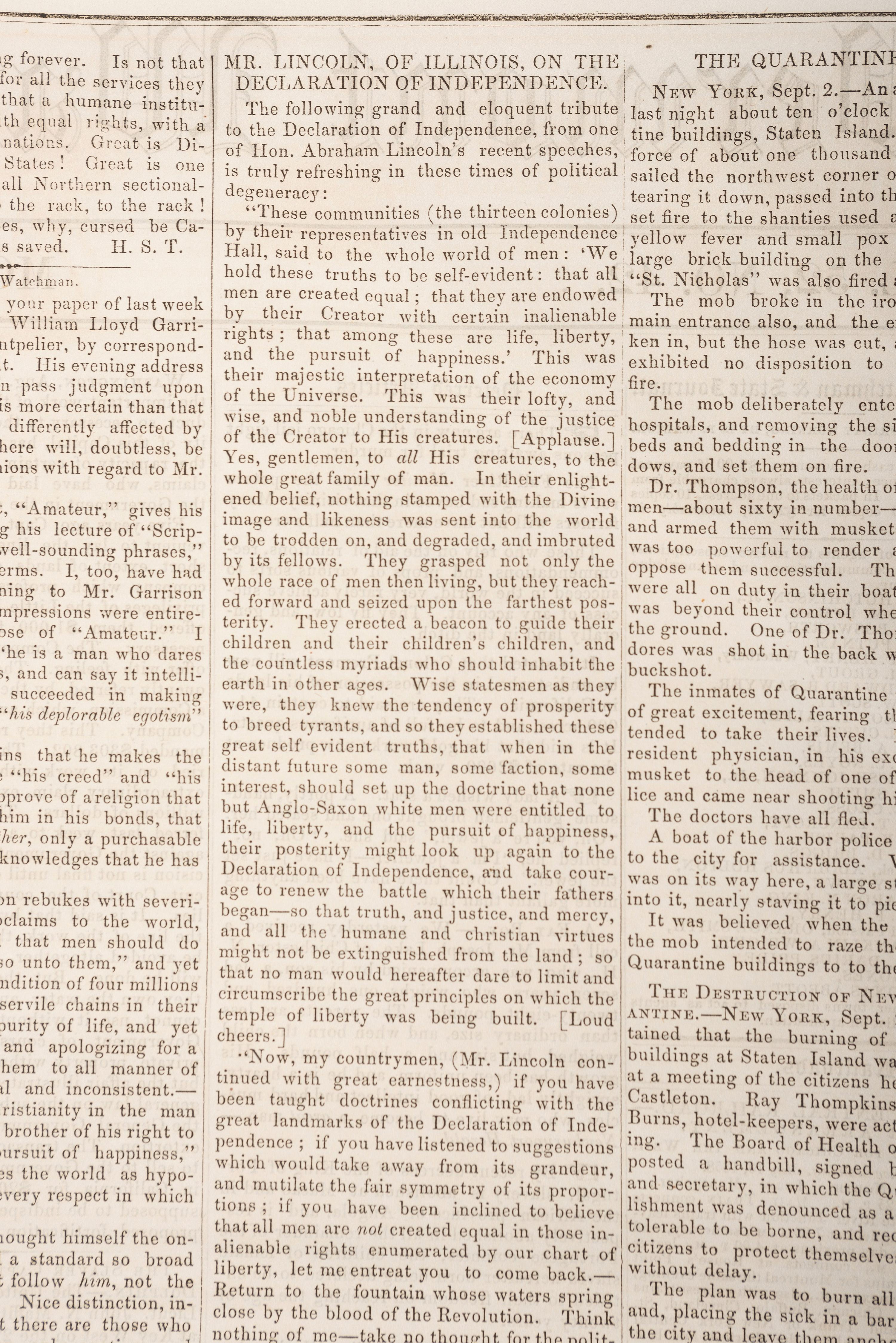 [LINCOLN, Abraham (1809-1865)]. Vermont Watchman & State Journal. Vol. 52, No. 42. Montpelier, VT: E.P. Walton, 10 September 1858.