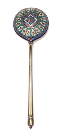 A Russian Silver-Gilt and Enamel Spoon, Mark of Ivan Khlebnikov, assay mark of Viktor Savinsky, Moscow, 1888, having a finial topped ha