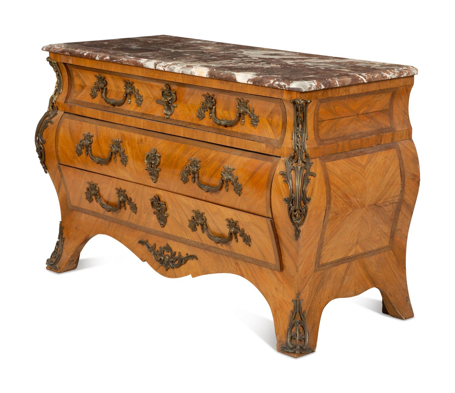 A Louis XV Style Gilt Bronze Mounted Marble-Top Bombe Commode