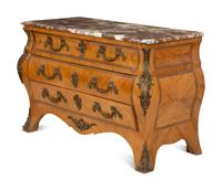 A Louis XV Style Gilt Bronze Mounted Marble-Top Bombe Commode