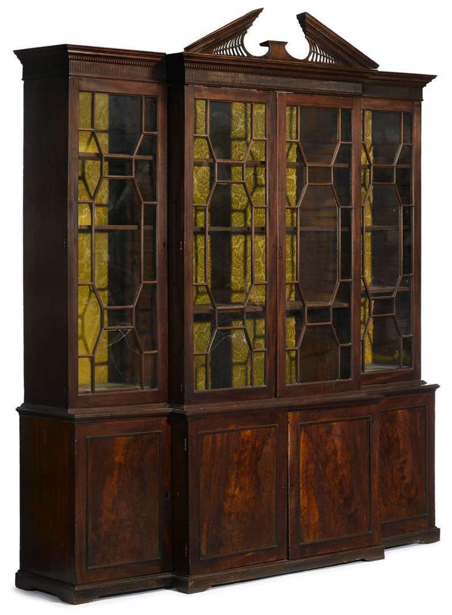 George III inlaid and figured mahogany breakfront bookcase england, circa 1785