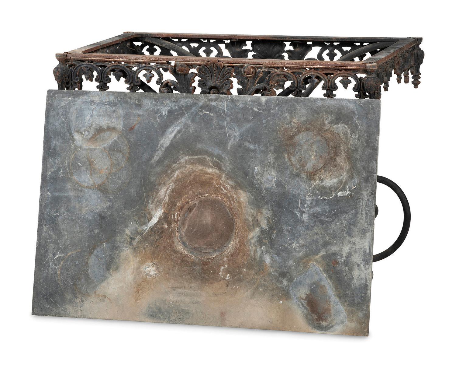 Two Wrought Iron Marble Top Console Tables