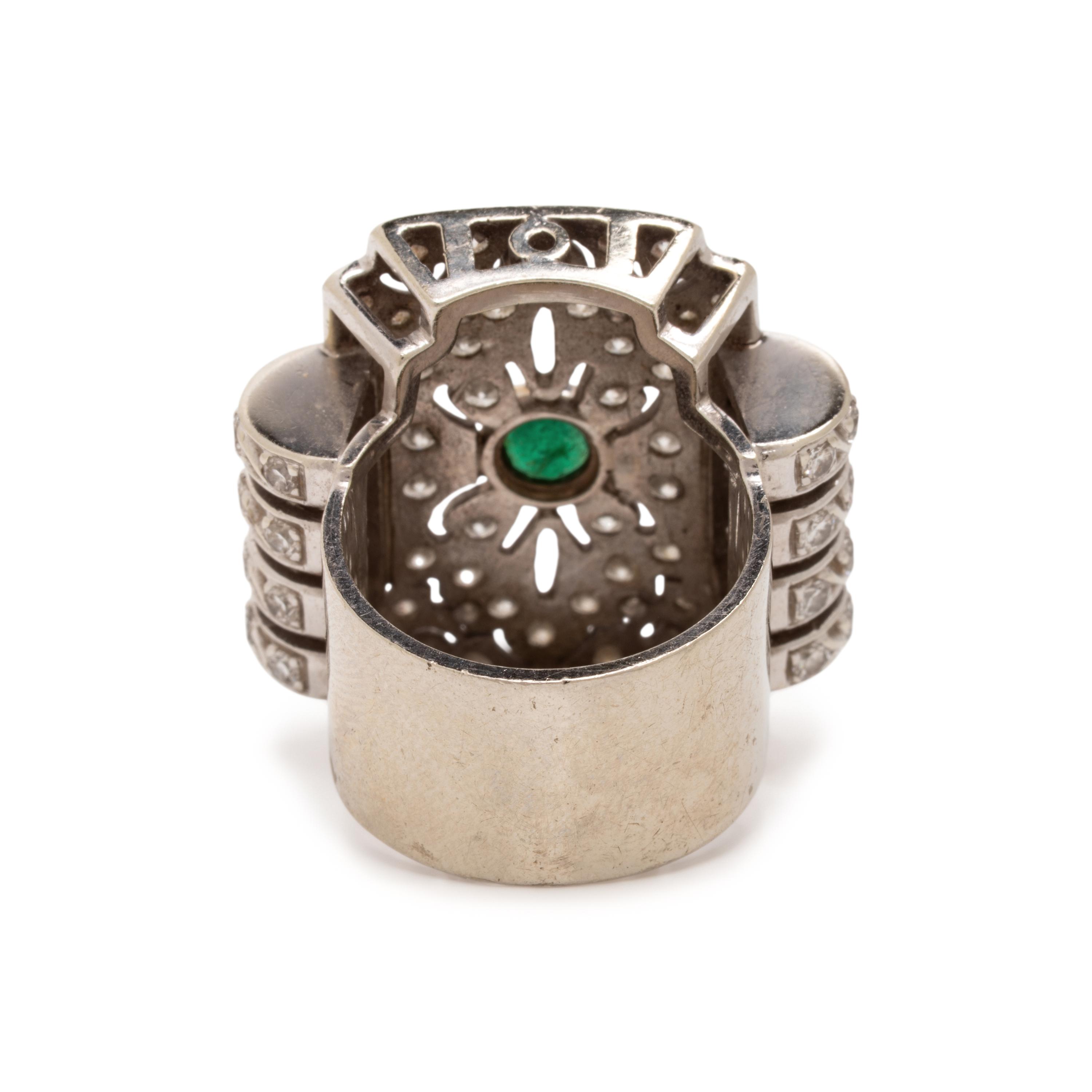 Diamond, Emerald, and White Gold Ring