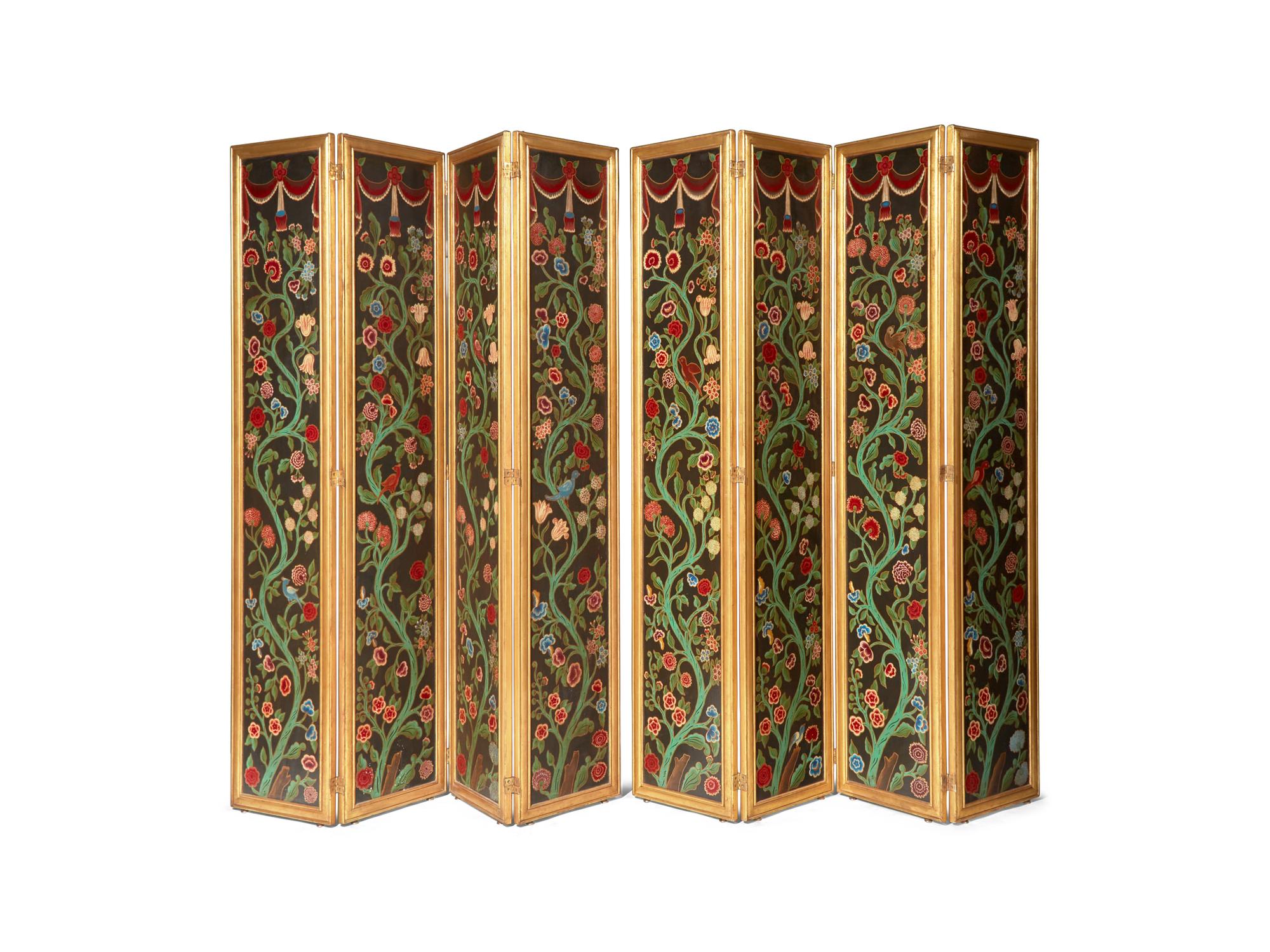 A Pair of Giltwood and Polychrome Painted Four-Panel Folding Screens DONATED BY DAVID KLEINBERG DESIGN ASSOCIATES