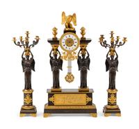 A Large Empire Style Gilt and Patinated Bronze Clock Garniture