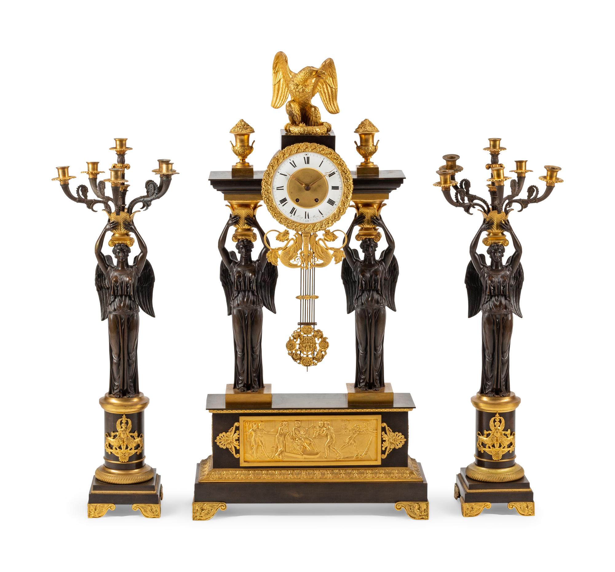 A Large Empire Style Gilt and Patinated Bronze Clock Garniture
