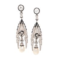 CARTIER, ART DECO, PLATINUM, DIAMOND, PEARL, AND ENAMEL EARRINGS