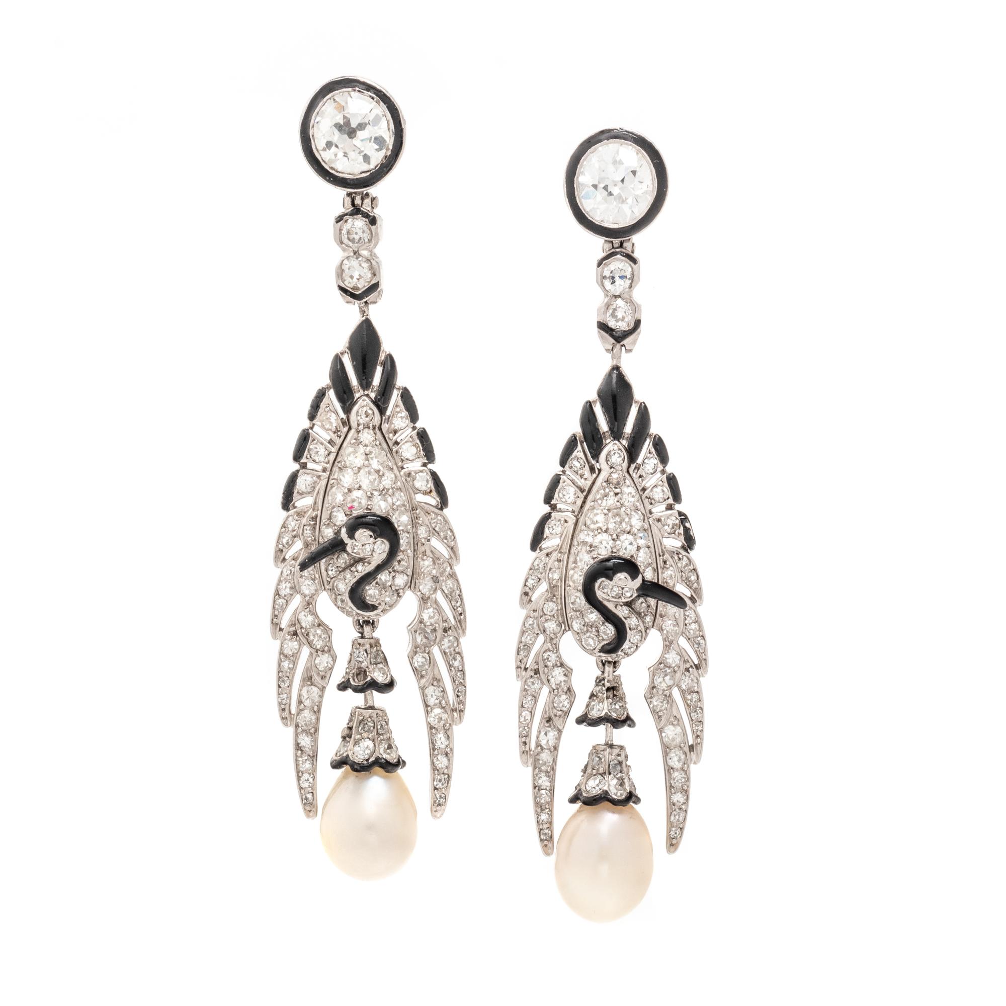 CARTIER, ART DECO, PLATINUM, DIAMOND, PEARL, AND ENAMEL EARRINGS