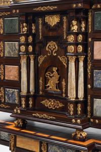 A Pair of Italian Specimen Marble-Inset and Gilt Bronze Mounted Collector's Cabinets on Stands