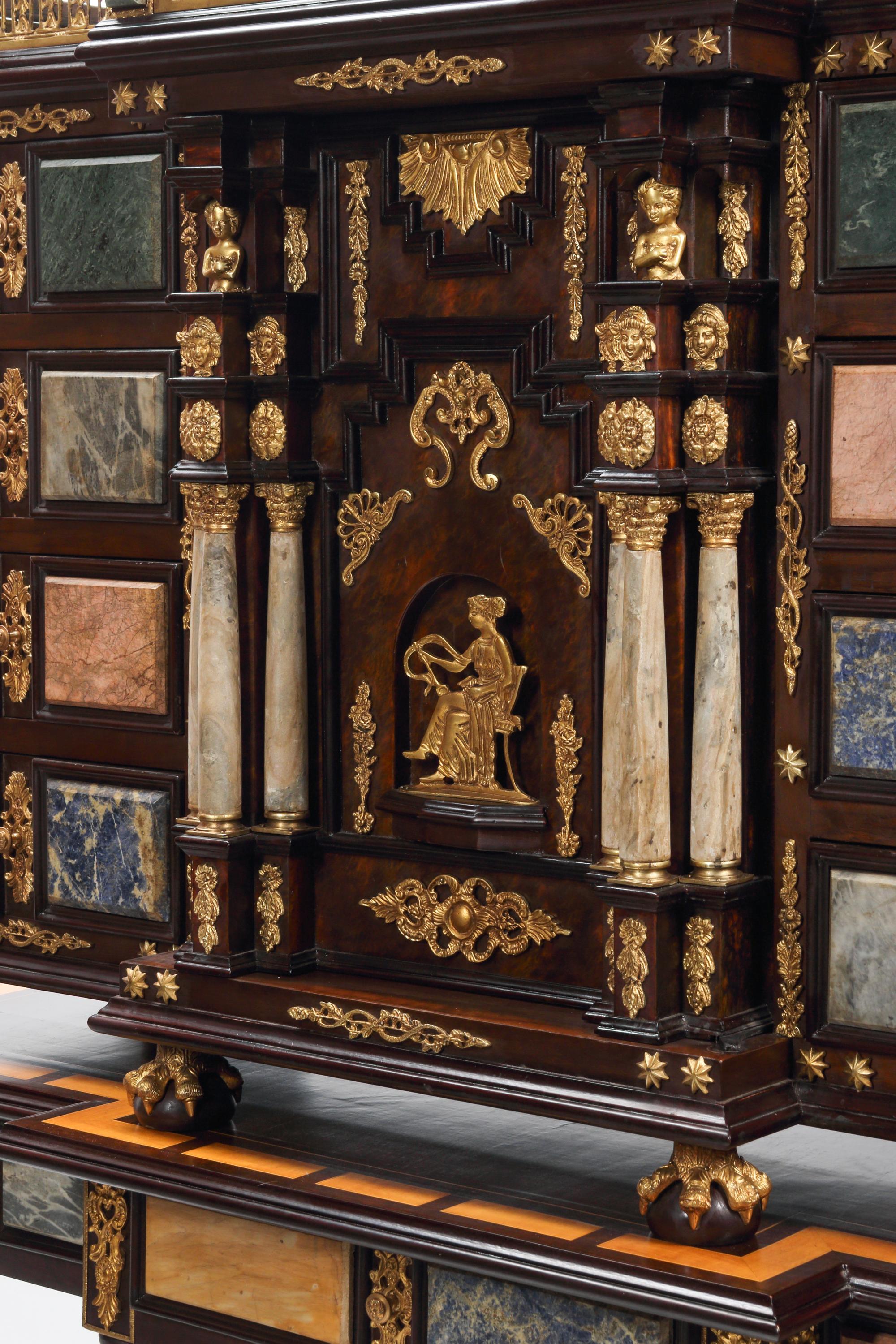 A Pair of Italian Specimen Marble-Inset and Gilt Bronze Mounted Collector's Cabinets on Stands