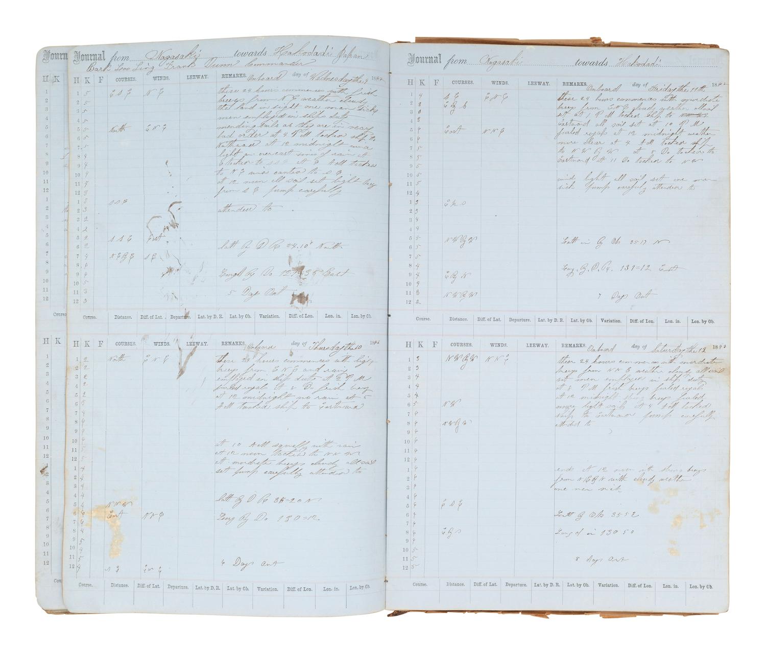 [MARITIME]. Log of the Barques Wavelet , Looling , and J.H. Wills documenting journeys in East Asia, ca 1862-1865. [ With: ] Notebook containing sea shanties and sketches of ships, ca 1862-63.