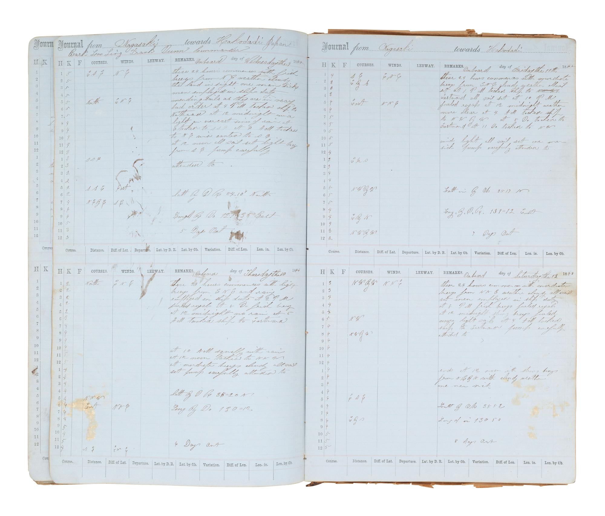 [MARITIME]. Log of the Barques Wavelet , Looling , and J.H. Wills documenting journeys in East Asia, ca 1862-1865. [ With: ] Notebook containing sea shanties and sketches of ships, ca 1862-63.