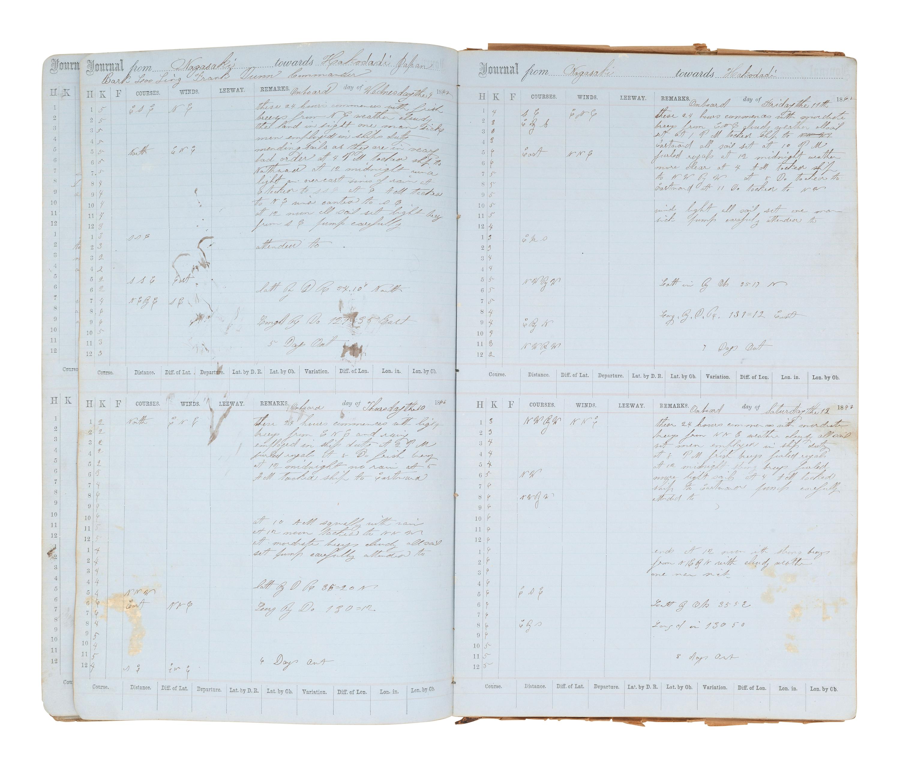 [MARITIME]. Log of the Barques Wavelet , Looling , and J.H. Wills documenting journeys in East Asia, ca 1862-1865. [ With: ] Notebook containing sea shanties and sketches of ships, ca 1862-63.