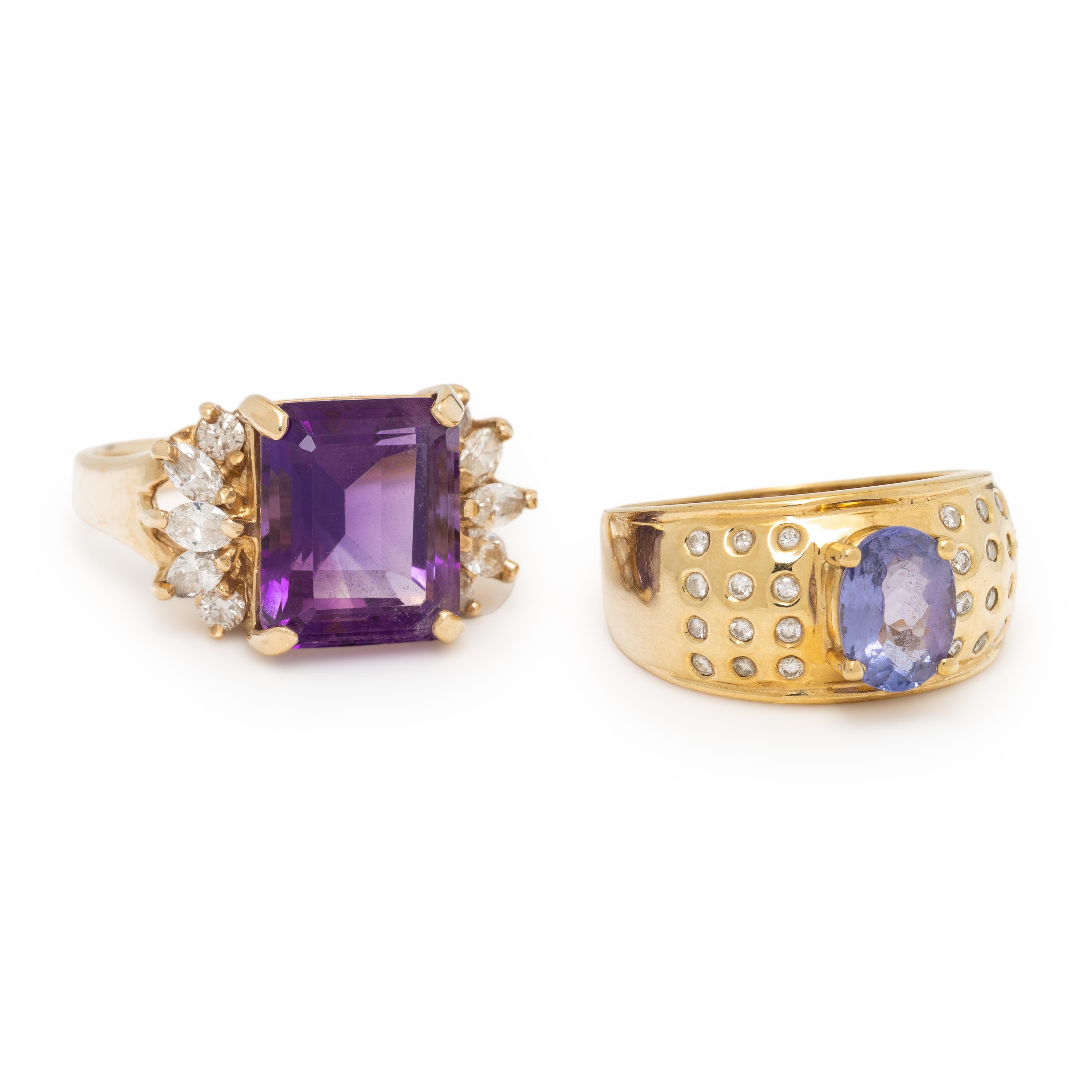 Two Yellow Gold, Diamond, and Gemstone Rings