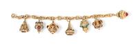 A Yellow Gold Charm Bracelet with Seven Attached Gold and Multigem Pendant Charms, 44.95 dwts.