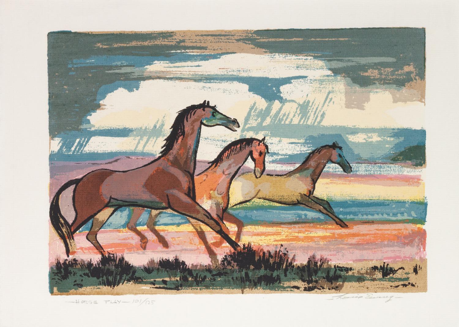 Four Works: Horse Play , edition 101/125; Basket Figure , edition 14/25; The Corral , edition 48/120; Home From the Fiesta - R. Vernon Hunter , edition 29/120