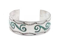 Southwestern Silver and Turquoise Chip Inlay Bracelet Length 5 7/8 x opening 1 3/8 x width 7/8 inches