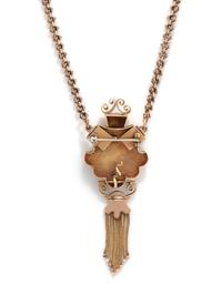 VICTORIAN, LOW KARAT GOLD, BLACK ENAMEL AND SEED PEARL PENDANT NECKLACE