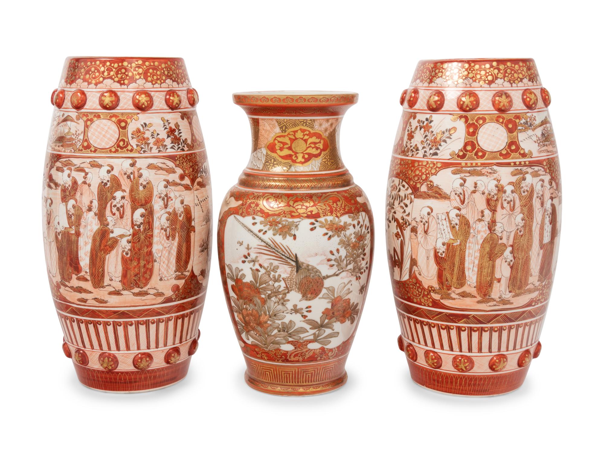 Three Japanese Kutani Porcelain Vases