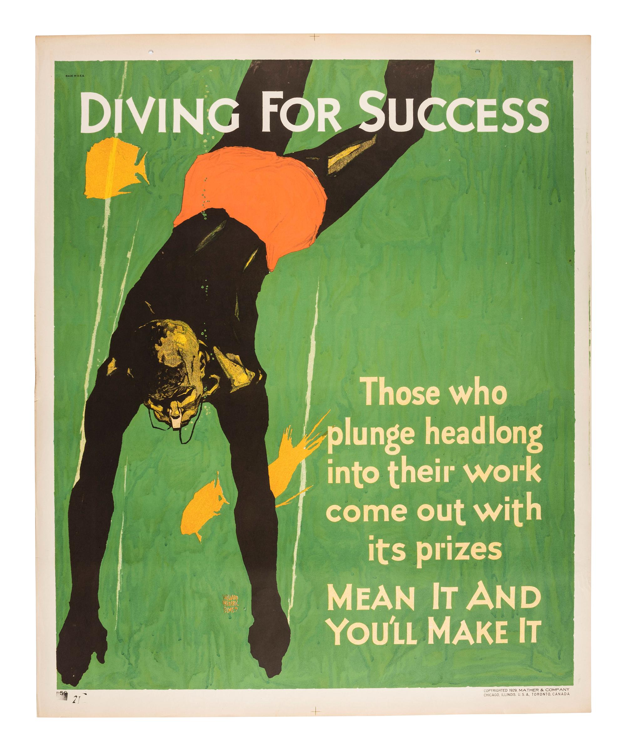 [POSTERS]. ELMES, Willard Frederic, artist. Diving for Success . Chicago: Mather & Co., 1929.