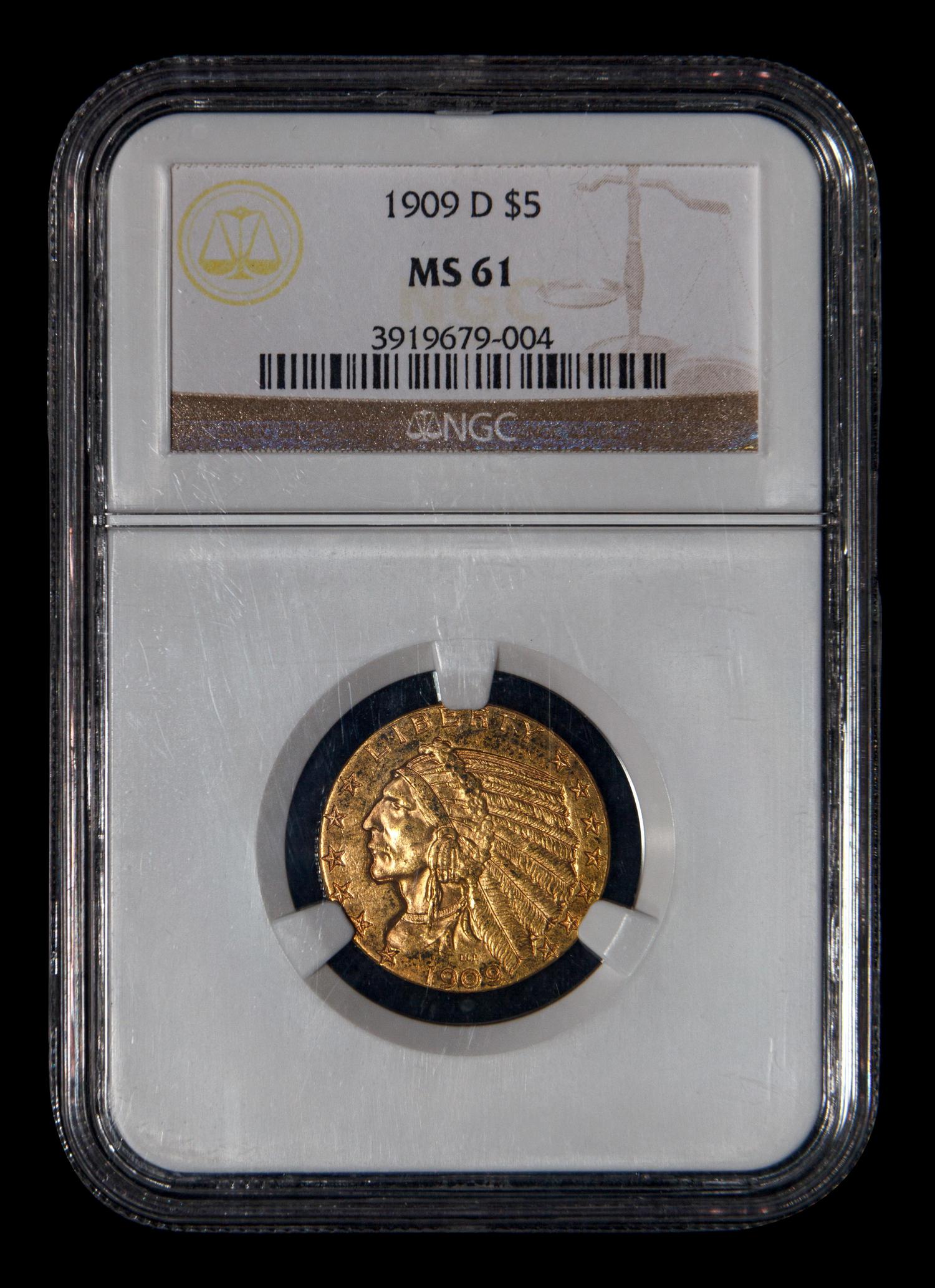 A 1909-D Indian Head $5 Gold Coin (NGC MS61)