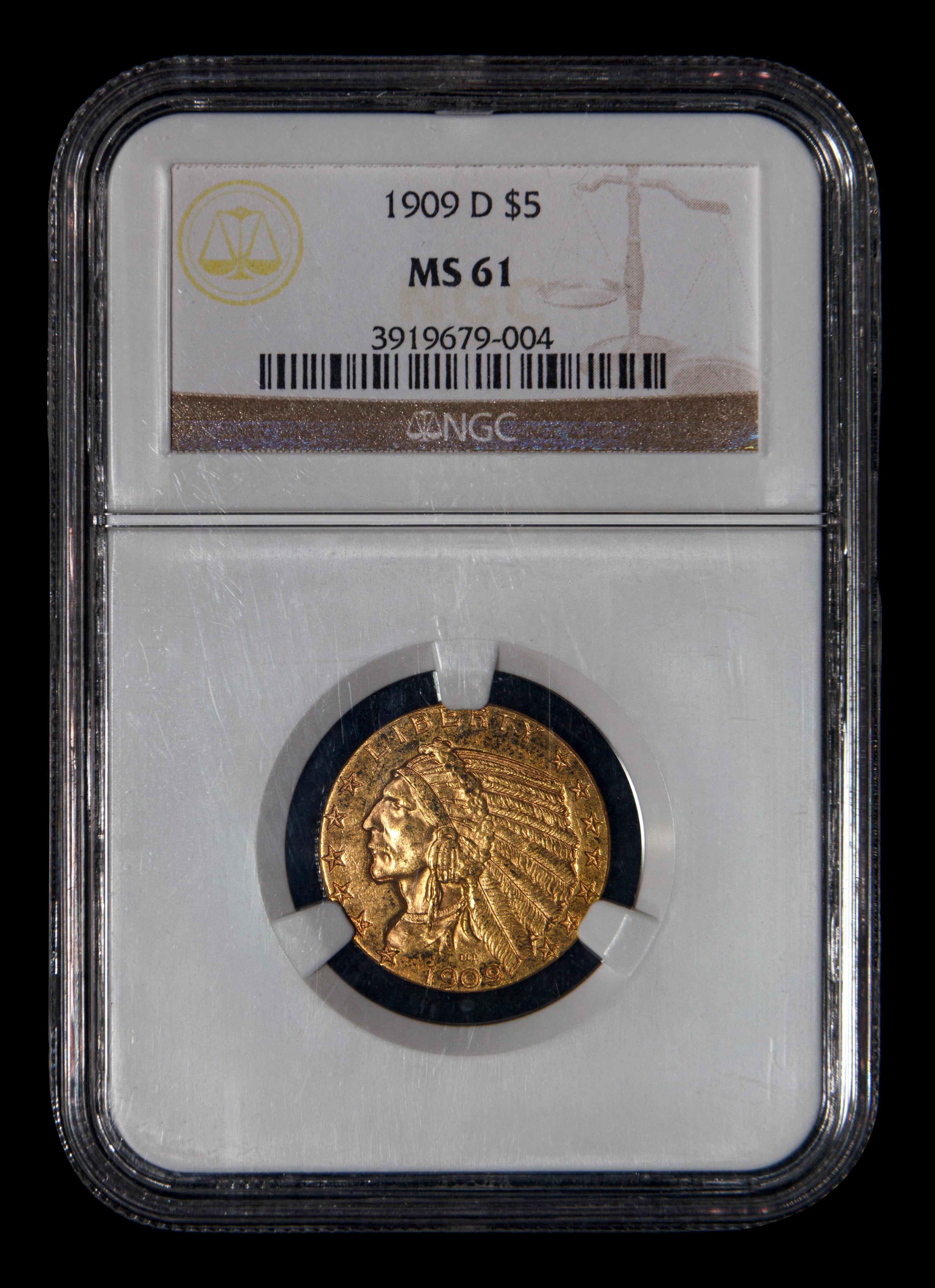 A 1909-D Indian Head $5 Gold Coin (NGC MS61)