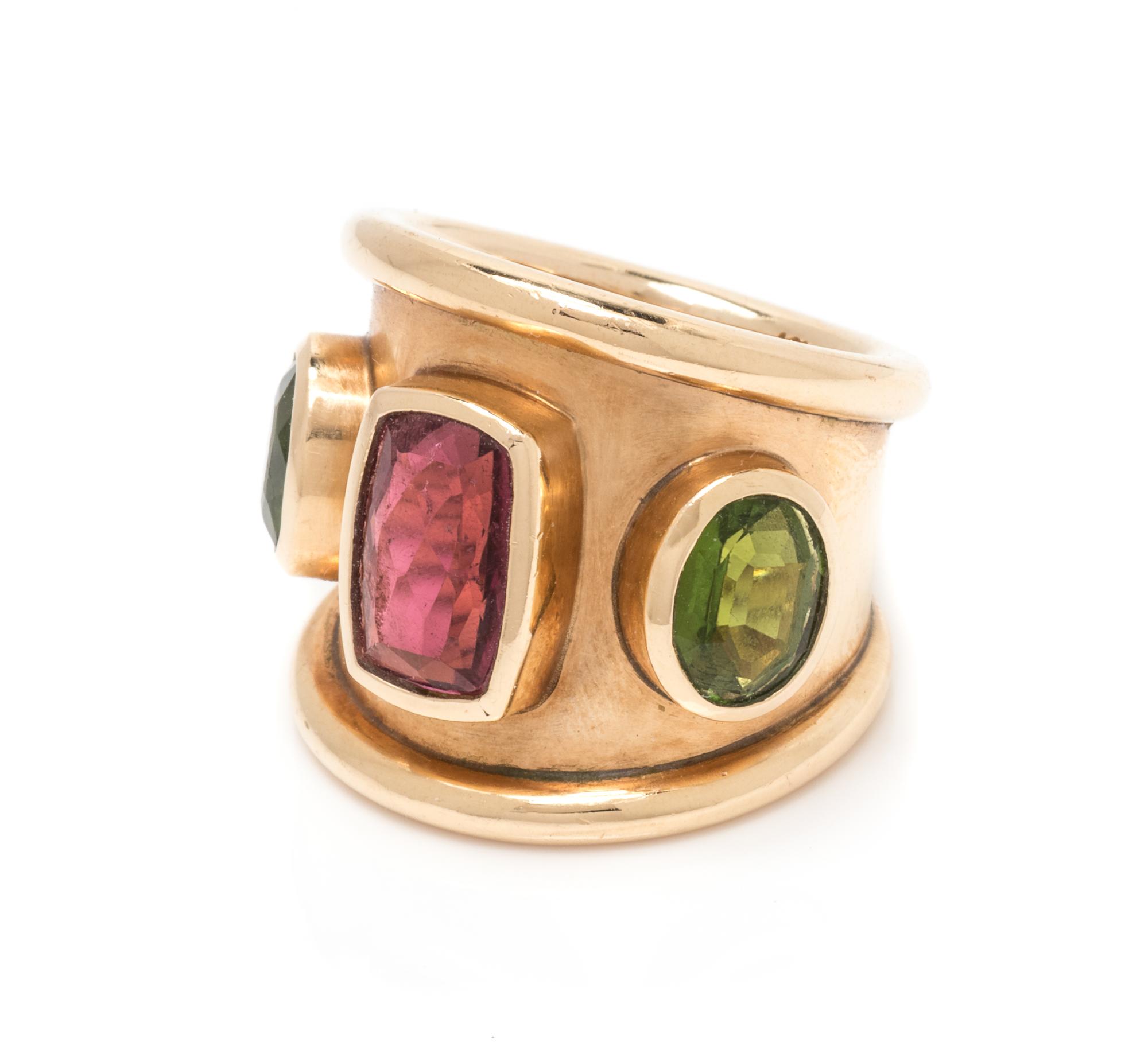 A 14 Karat Yellow Gold, Pink Tourmaline and Peridot Ring, M+J Savitt,