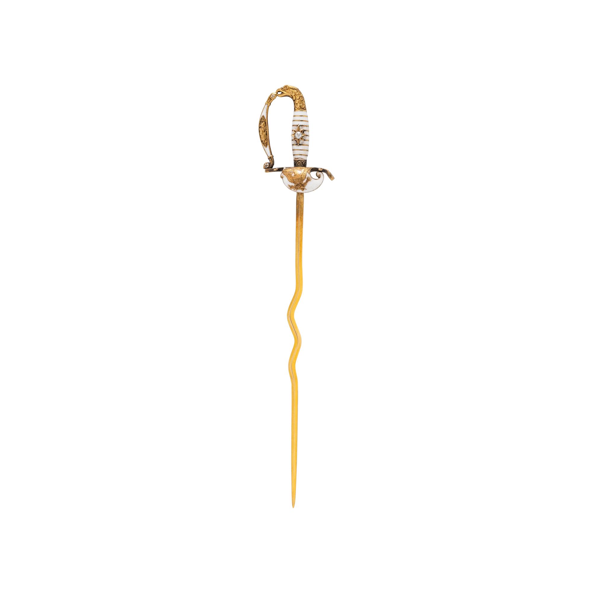 YELLOW GOLD AND ENAMEL SWORD PIN