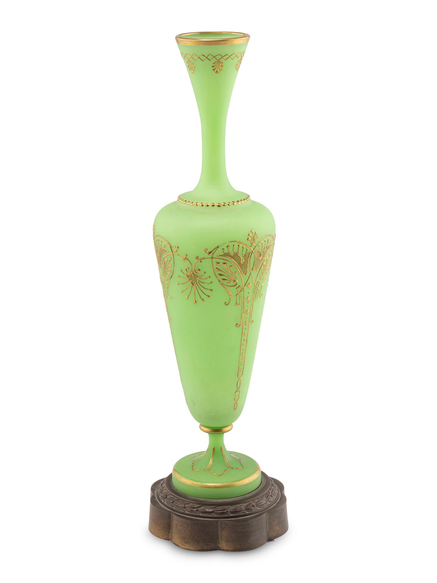 A French Gilt Decorated Green Opaline Glass Vase
