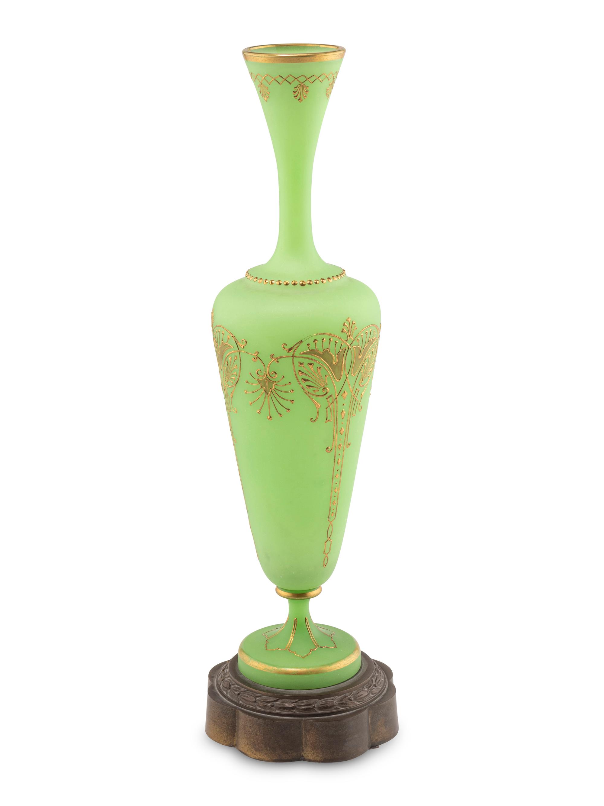 A French Gilt Decorated Green Opaline Glass Vase